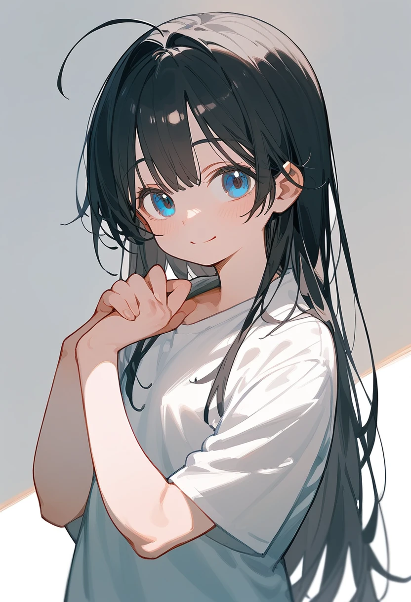 One Girl、Black Hair、Long Hair、Straight Hair、Ahoge、high school student、smile、Dark blue eyes、Big eyes、shirt、Background School