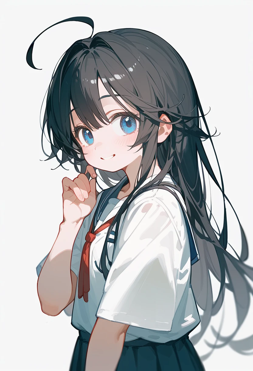 One Girl、Black Hair、Long Hair、Straight Hair、Ahoge、high school student、smile、Dark blue eyes、Big eyes、shirt、Background School