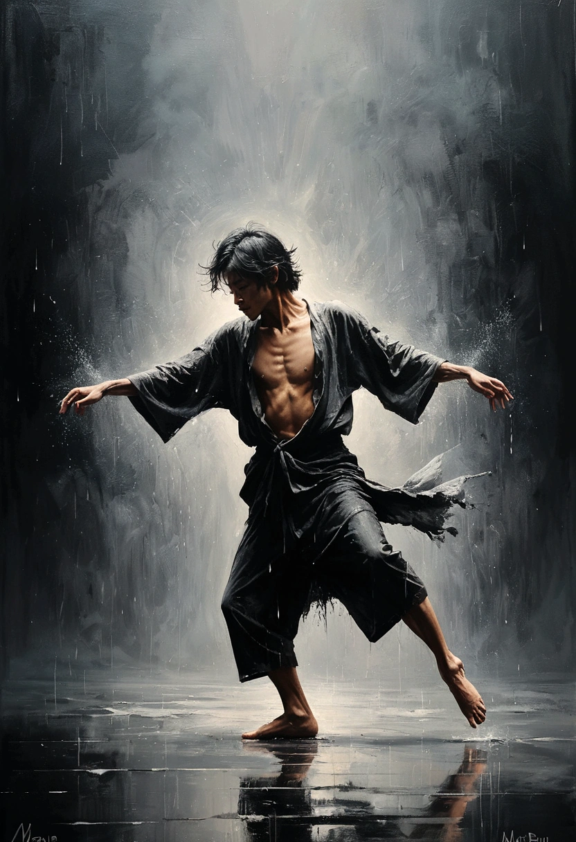 Minimalism风格的广阔的街道，Soul Dancer Mark,A homeless man dancing alone in the rain，soul，Barefoot，Loose and worn clothes，Professional ballet movements，Very contagious，Splash，Light and Shadow，Minimalism，artistic conception，Clean background，David Burr (David Bur) style of