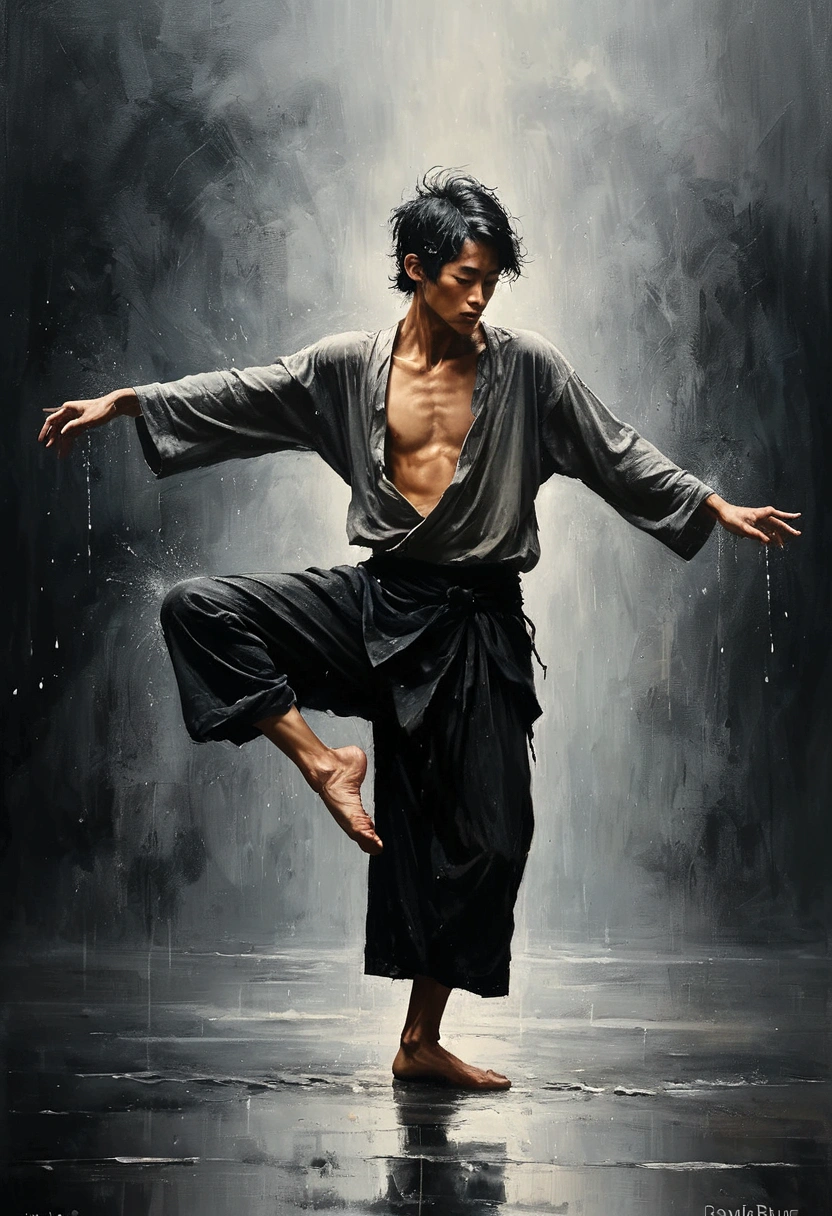 Minimalism风格的广阔的街道，Soul Dancer Mark,A homeless man dancing alone in the rain，soul，Barefoot，Loose and worn clothes，Professional ballet movements，Very contagious，Splash，Light and Shadow，Minimalism，artistic conception，Clean background，David Burr (David Bur) style of