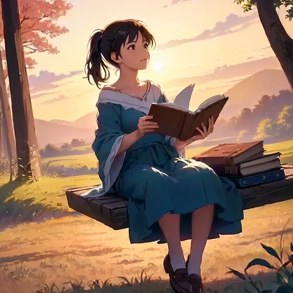 a young anime girl sitting on a bench reading a book in a forest, (detailed face, beautiful eyes, long eyelashes, intricate details), (new age anime, soft lighting, warm colors), (vibrant colors, cinematic lighting, depth of field), (masterpiece, photorealistic, ultra-detailed, hyper realistic), (art style of makoto shinkai, cinematic composition, digital painting by makoto shinkai), (studio ghibli, cyril rolando, by makoto shinkai), (award winning, professional, 8k, high resolution)