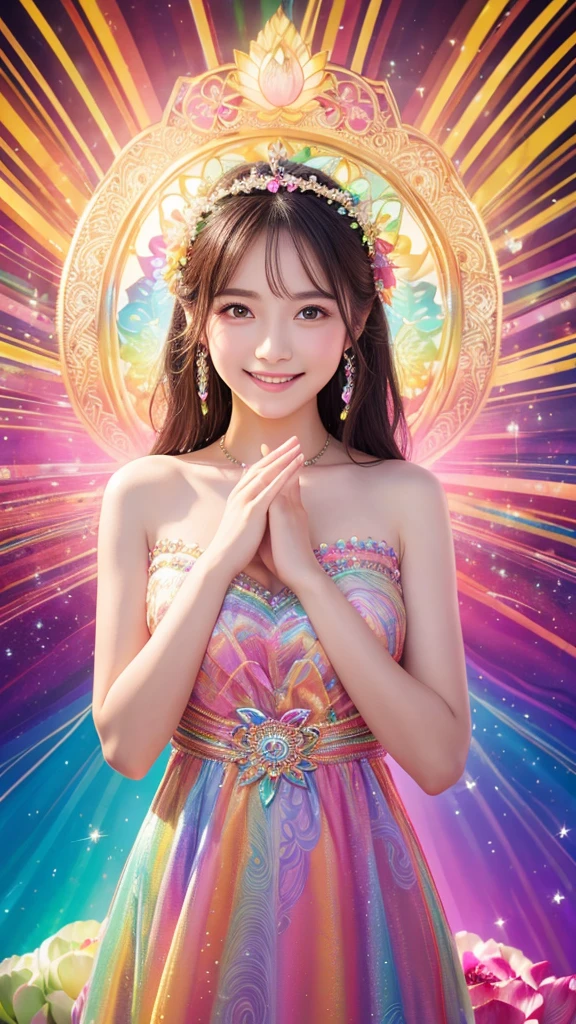 Goddess, rainbow dress, rainbow background, lotus flower, mysterious, gentle expression, smile, sparkling eyes, fair skin, wide eyes, slightly slanted eyes, beautiful, whole body visible, hands together, long dress