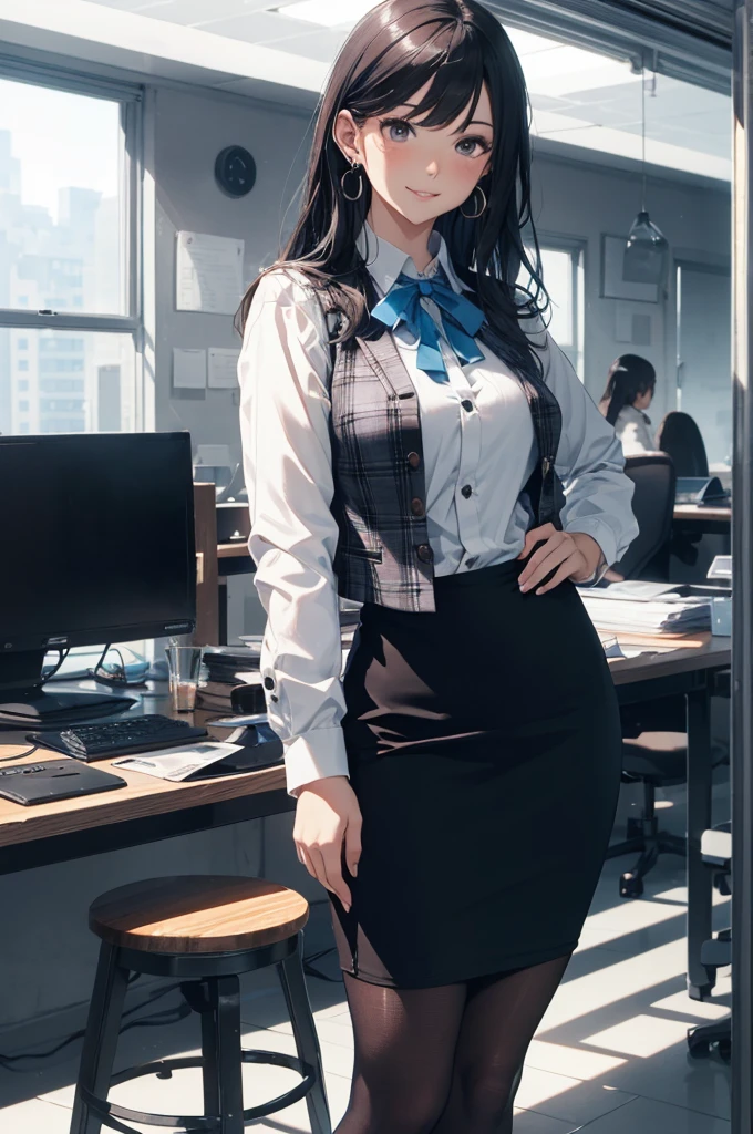 (Best Quality, Masterpiece),Wearing a pink plaid vest, White short sleeved shirt, Gray pencil skirt, Wear stiletto heels, Necklace, earrings, Cute face, Smile, Blushing, Shyness, Glass wall, Ultra Detail, Realistic, Front view, Whole body, stunning, cute, warm smile, hourglass figure, apron, text, chart, advertising, magazine title(Best Quality, Masterpiece), Mag((((1ladyl,)))) (masterpiece), (realistic), (best quality), (ultra-detailed), (wearing in [[white and gray check pattern]] Vest worn over white collared long-sleeved shirt:1.4), (gray vest with buttons:1.2), (Pink Theme:1.2), (blue ribbon ribbon:1.3), (Black theme:1.4), (Tight black pencil skirt:1.5), ((Brown pantyhose)), (high-heels:1.1),longskirt,office desk, office chair,Lulubre Unity 8K Wallpaper, pantyshot, long brown hair, office lady Magazine Cover, 1girl,  amazing, girl, 30 years old, house wiife, warm smile, hourglass figure, text, chart, advertising, magazine title