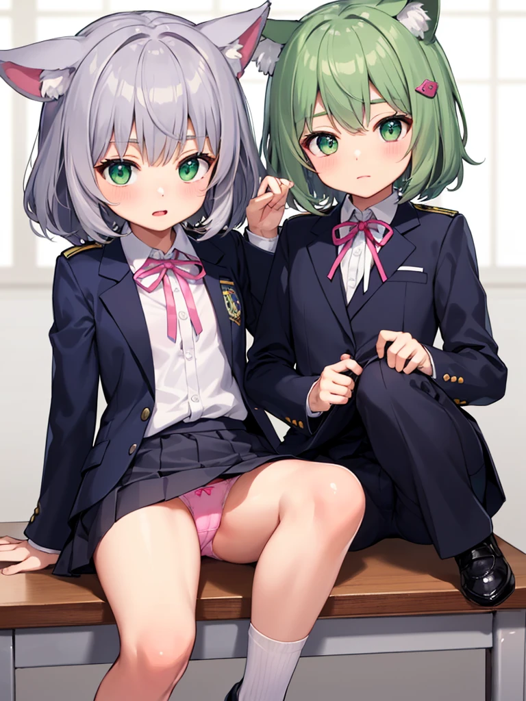 Highest quality,masterpiece,Green Eyes, Grey Hair, hair ornaments, Animal ears, Flat Chest,uniform,Navy Blue Blazer,White shirt,Pink ribbon,Grey Skirt,Pink Panties,White long socks,Black low heels,sitting on desk,1 Boy,1. Lift up a girl's skirt