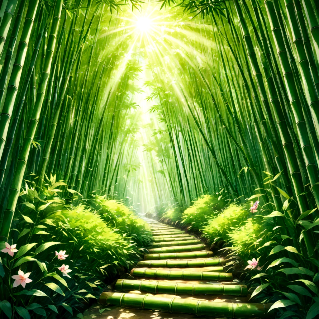 A breeze blows through、静かなbamboo forest。Light of the sunが竹の葉の間から差し込み、It draws beautiful patterns on the ground。bamboo forestの中央を、透き通った小riverが、It flows with a pleasant, rustling sound.。riverの周りには、色とりどりのflowerが咲き乱れ、birdieたちが楽しそうにさえずっている。In the back、The path to a new dungeon、adventure者たちを待ち受けている。Beautiful game world, Fantasy, Furai no Shiren, bamboo forest, river, flower, birdie, Light of the sun, adventure, Have fun with this prompt、これから始まるadventureにワクワクするような、明るく楽しい雰囲気のbamboo forestステー