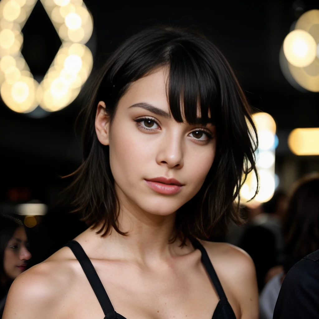 midshot , hi angle, captivating image of a Beautiful cute greek gen-z. girl aged 21, nerdy , irresistable face expression with a French Bob haircut. plumped lipps, fixed nose , small sun neck tatoo She radiates confidence as she stands against a dark nightclub The cinematic quality of the photo, shot with an ARRI Alexa camera and Zeiss lens, captures the essence of a dark inovative style . with a futuristic twist The overall atmosphere is hiphop urban. I cant believe how beautiful she is