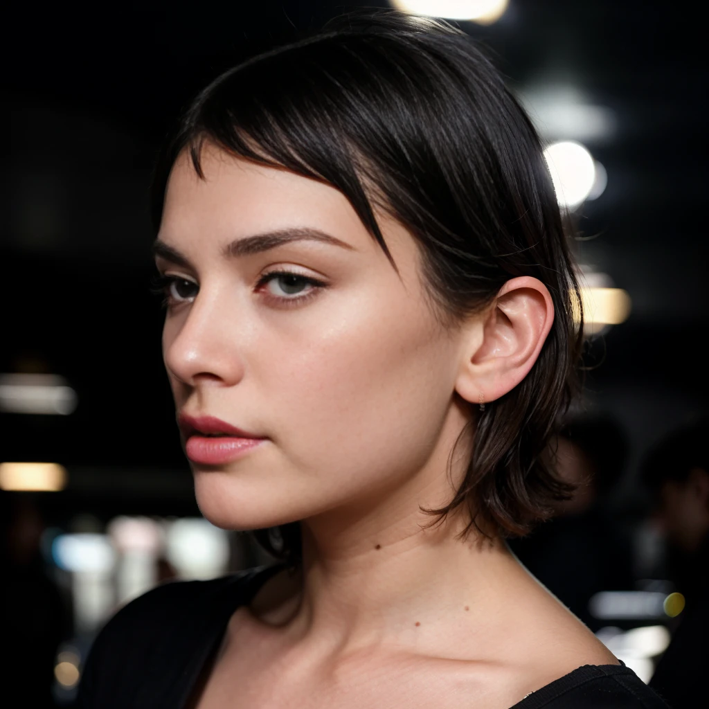 midshot , hi angle, captivating image of a Beautiful cute greek gen-z. girl aged 21, nerdy , irresistable face expression with a French Bob haircut. plumped lipps, fixed nose , small sun neck tatoo She radiates confidence as she stands against a dark nightclub The cinematic quality of the photo, shot with an ARRI Alexa camera and Zeiss lens, captures the essence of a dark inovative style . with a futuristic twist The overall atmosphere is hiphop urban. I cant believe how beautiful she is