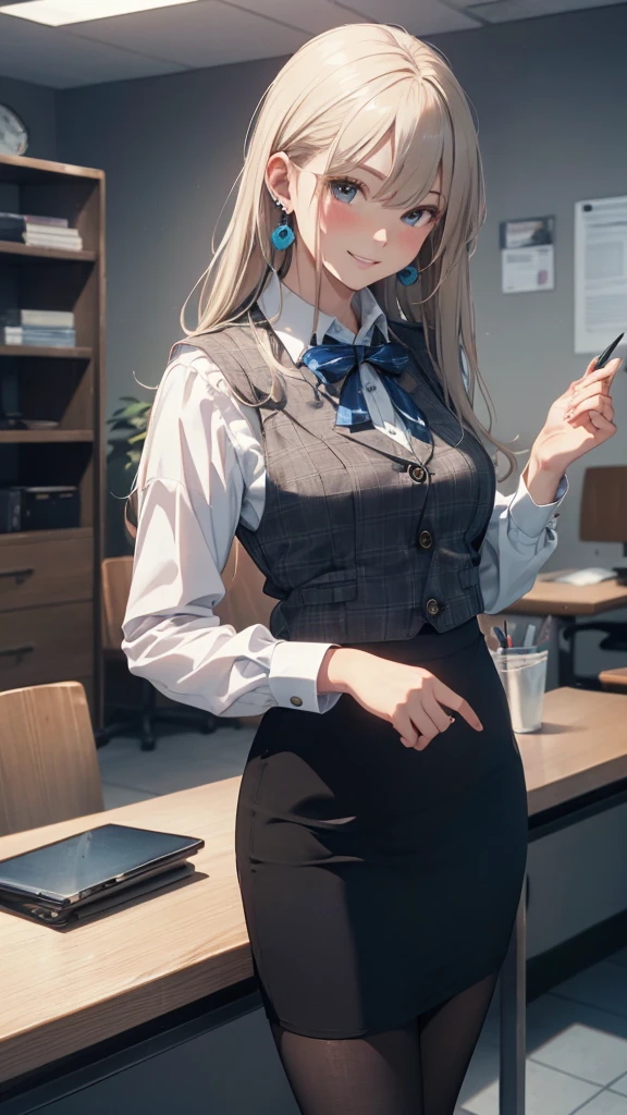 ((((1ladyl,))))  (masterpiece), (realistic), (best quality), (ultra-detailed),  amazing 30 years old wife,  pantyshot, long brown hair, office lady, Wearing a pink plaid vest, White short sleeved shirt, Gray pencil skirt, Wear stiletto heels, Necklace, earrings,  Cute face, Smile, Blushing, Shyness, Glass wall, Ultra Detail, Realistic, Front view, Whole body, (wearing in [[white and gray check pattern]] Vest worn over white collared long-sleeved shirt:1.4), (gray vest with buttons:1.2), (Pink Theme:1.2), (blue ribbon ribbon:1.3), (Black theme:1.4), (Tight black pencil skirt:1.5), ((Brown pantyhose)), (high-heels:1.1),longskirt,office desk, office chair,Lulubre Unity 8K Wallpaper, Beautiful background, clearly, Best Quality, The highest resolution, Best aesthetic,extremely detailed CG unity 8k,