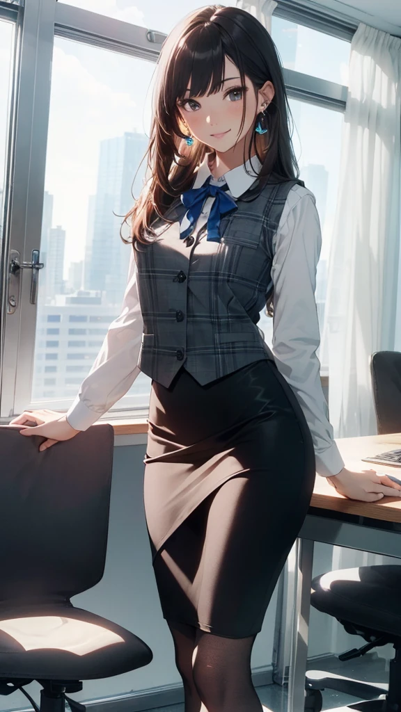 ((((1ladyl,))))  (masterpiece), (realistic), (best quality), (ultra-detailed),  amazing 30 years old wife,  pantyshot, long brown hair, office lady, Wearing a pink plaid vest, White short sleeved shirt, Gray pencil skirt, Wear stiletto heels, Necklace, earrings,  Cute face, Smile, Blushing, Shyness, Glass wall, Ultra Detail, Realistic, Front view, Whole body, (wearing in [[white and gray check pattern]] Vest worn over white collared long-sleeved shirt:1.4), (gray vest with buttons:1.2), (Pink Theme:1.2), (blue ribbon ribbon:1.3), (Black theme:1.4), (Tight black pencil skirt:1.5), ((Brown pantyhose)), (high-heels:1.1),longskirt,office desk, office chair,Lulubre Unity 8K Wallpaper, Beautiful background, clearly, Best Quality, The highest resolution, Best aesthetic,extremely detailed CG unity 8k,
