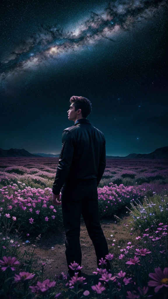4k Landscape, beautiful stars at background, looks like a dream, sky looking extremely beautiful, ultra resolution, perfect lighting, Dark space, space photo, extremely beautiful, fantasy world, young guy standing on flowers, looking at the sky, dark vibes, perfect color grading, a planet at the sky