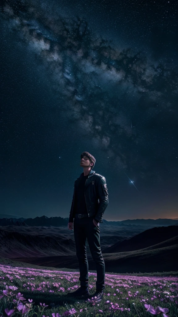 4k Landscape, beautiful stars at background, looks like a dream, sky looking extremely beautiful, ultra resolution, perfect lighting, Dark space, space photo, extremely beautiful, fantasy world, young guy standing on flowers, looking at the sky, dark vibes, perfect color grading, a planet at the sky
