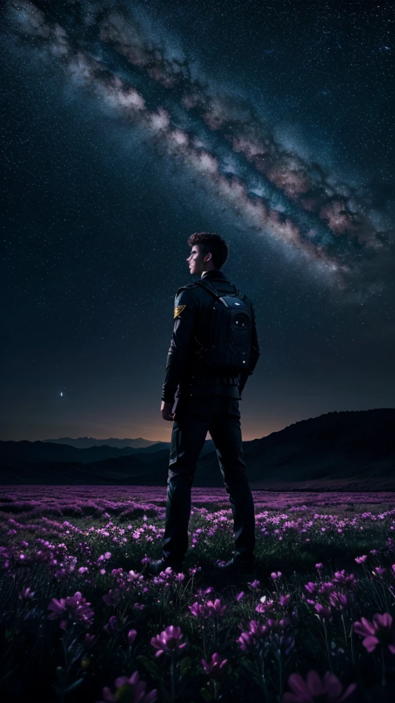 4k Landscape, beautiful stars at background, looks like a dream, sky looking extremely beautiful, ultra resolution, perfect lighting, Dark space, space photo, extremely beautiful, fantasy world, young guy standing on flowers, looking at the sky, dark vibes, perfect color grading, a planet at the sky