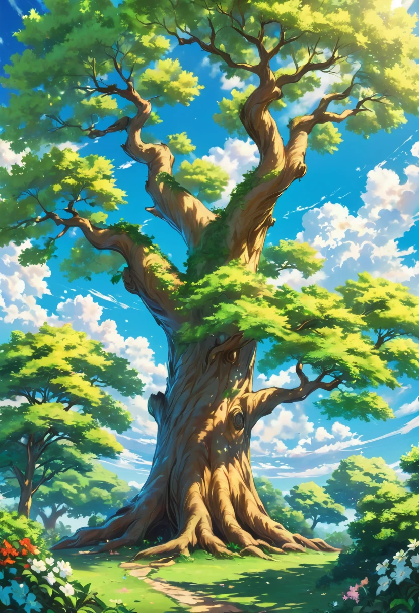 Create an image of a beautiful tree; in anime style, in the background of a blue sky with white clouds, the tree should be thick and have many branches, with green leaves and flowers, the tree should be in a natural position, not tilted, the sky should be in the background, and the tree should be in the center of the image, the image should be in 8k resolution, sharp, with vibrant colors, the background should be a little blurred, natural, with a warm golden glow behind the tree, the tree should be in a natural position, not tilted, towards the end of the picture, the sky should be in the background, and the tree should be in the center of the image,