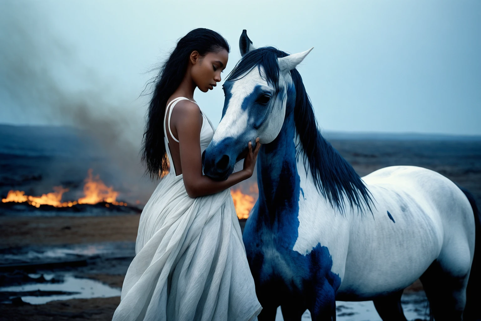 Cinematic still, full-body shot, rule of thirds composition, a slender, 18 year old, mixed race, gorgeous dark skinned female, embracing a beautiful fallen white horse, sorrowful, body covered in black paint, female body wrapped in thin translucent burnt gauze veils, set against desolate destroyed wasteland, fires, rubble, twisted metal, polluted water. melancholic, color grading in rich blues and subtle golden hues, realistic textures, shot on Canon EOS 5D Mark IV, Canon EF 50mm f/1.2L USM. lens, subtle accents and highlights, realism pushed to the extreme, high contrast, superb clarity, in the style of Bill Henson