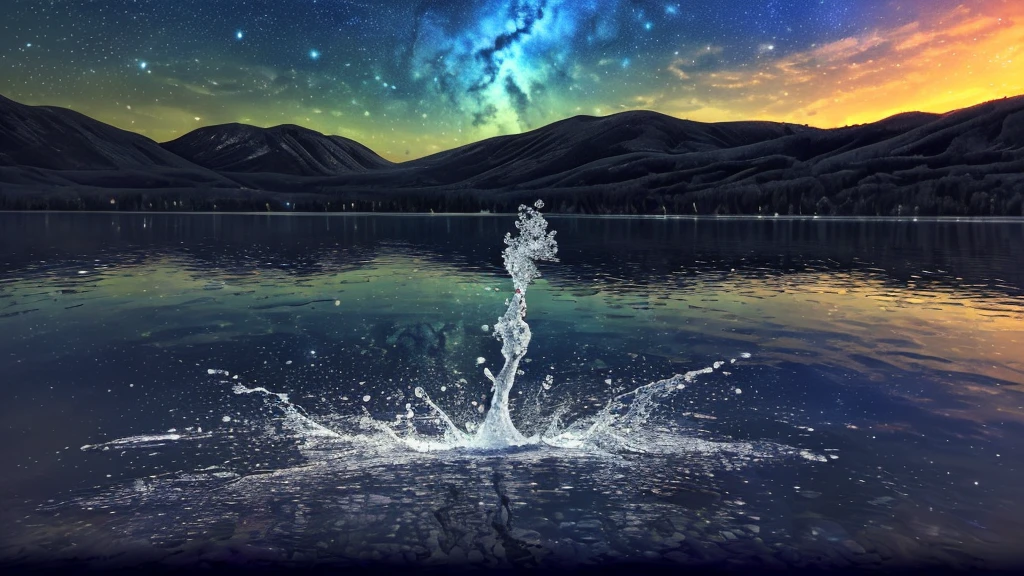 ((Highest quality)), ((masterpiece)), (detailed), ((Starry Sky))、(Large Lake)、(Quiet lake surface)、(湖にStarry Skyが反射している)、Overall dark、midnight