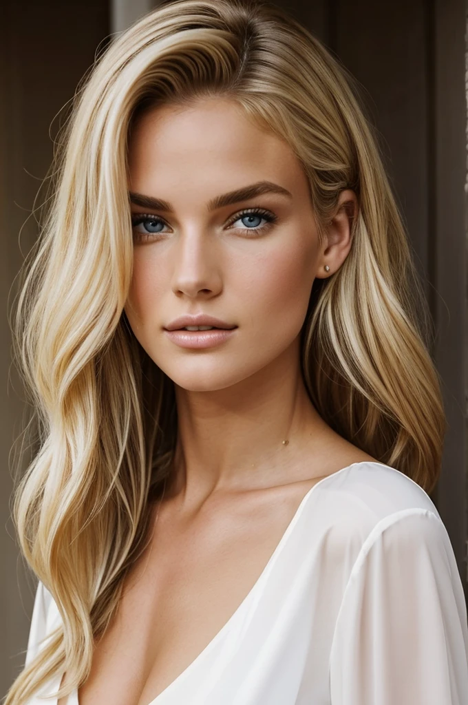 She is a 25-year-old model standing at 174 cm tall. She has a well-proportioned figure with a size 4 bust. Her face is beautiful and well-groomed, complemented by a stylish hairstyle. She has blonde hair and her appearance is predominantly American with hints of Italian features.