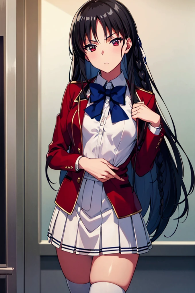 (nsfw)(masterpiece), Super detailed, High resolution, Best illustrations, Ultra-fine illustrations, (Official Art:1.2), (Anime screenshots:1.2), Beautiful face and eyes in every detail, Anime key visual, Perfect Anatomy, 8K Portrait,
One girl,
suzune horikita,
suzune horikita \(youjitsu\),
Long Hair, Braiding,
Black Hair,
(Red eyes:1.2), Slanted Eyes, Small eyes,
Blue ribbon,
Medium chest,
(school uniform, Red jacket, White Skirt, Pleated skirt, Black thigh-high socks),
BREAK Watch Viewers,
Cowboy Shot,
Perfect light,
Indoor Background, School building, White ,undress