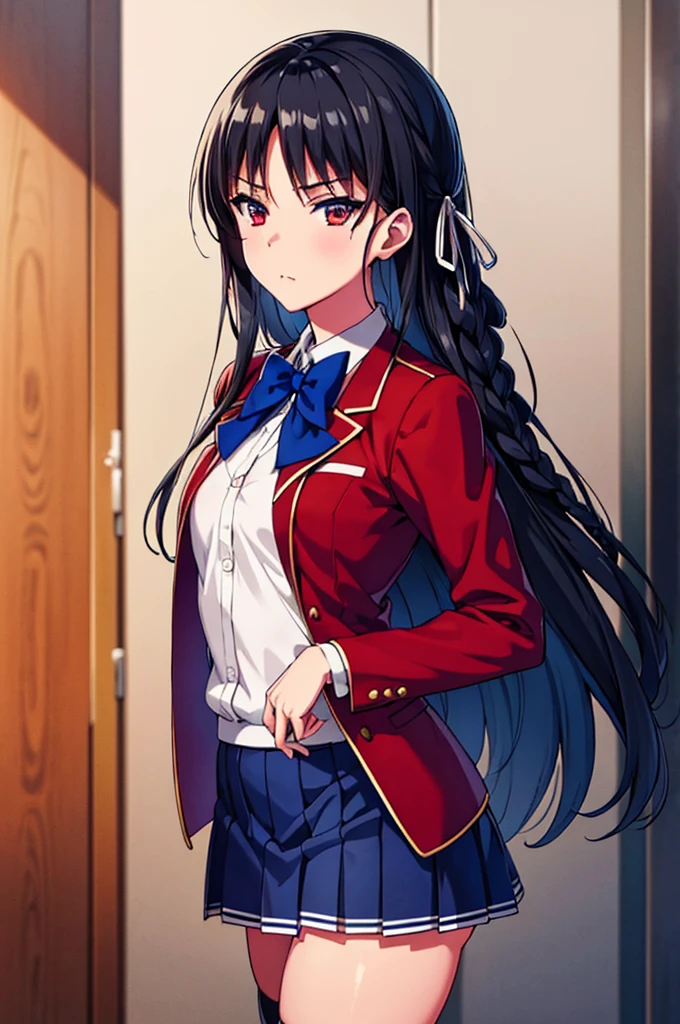 (nsfw)(masterpiece), Super detailed, High resolution, Best illustrations, Ultra-fine illustrations, (Official Art:1.2), (Anime screenshots:1.2), Beautiful face and eyes in every detail, Anime key visual, Perfect Anatomy, 8K Portrait,
One girl,
suzune horikita,
suzune horikita \(youjitsu\),
Long Hair, Braiding,
Black Hair,
(Red eyes:1.2), Slanted Eyes, Small eyes,
Blue ribbon,
Medium chest,
(school uniform, Red jacket, White Skirt, Pleated skirt, Black thigh-high socks),
BREAK Watch Viewers,
Cowboy Shot,
Perfect light,
Indoor Background, School building, White panties,undressing