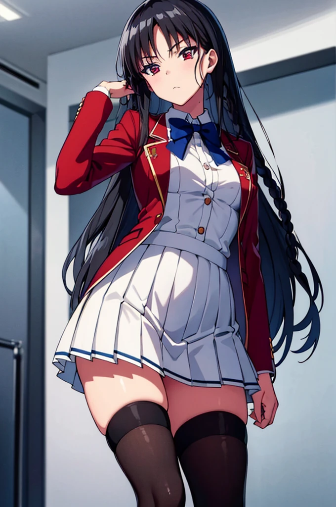 (nsfw)(masterpiece), Super detailed, High resolution, Best illustrations, Ultra-fine illustrations, (Official Art:1.2), (Anime screenshots:1.2), Beautiful face and eyes in every detail, Anime key visual, Perfect Anatomy, 8K Portrait,
One girl,
suzune horikita,
suzune horikita \(youjitsu\),
Long Hair, Braiding,
Black Hair,
(Red eyes:1.2), Slanted Eyes, Small eyes,
Blue ribbon,
Medium chest,
(school uniform, Red jacket, White Skirt, Pleated skirt, Black thigh-high socks),
BREAK Watch Viewers,
Cowboy Shot,
Perfect light,
Indoor Background, School building, White panties,undressing