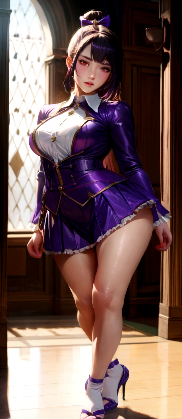 Japanese woman in a purple dress posing, chic, Tear from Overlord, Maya Faye from Ace Attorney, Highly detailed rendering, Faye Valentine, sakimichan hdri, Semi-realistic rendering, Hyperreal Rendering, Magical girl in a tight short dress, Photorealistic perfect body, defeat,M-shaped legs,Panty shot [ 4K Photorealism ]!!