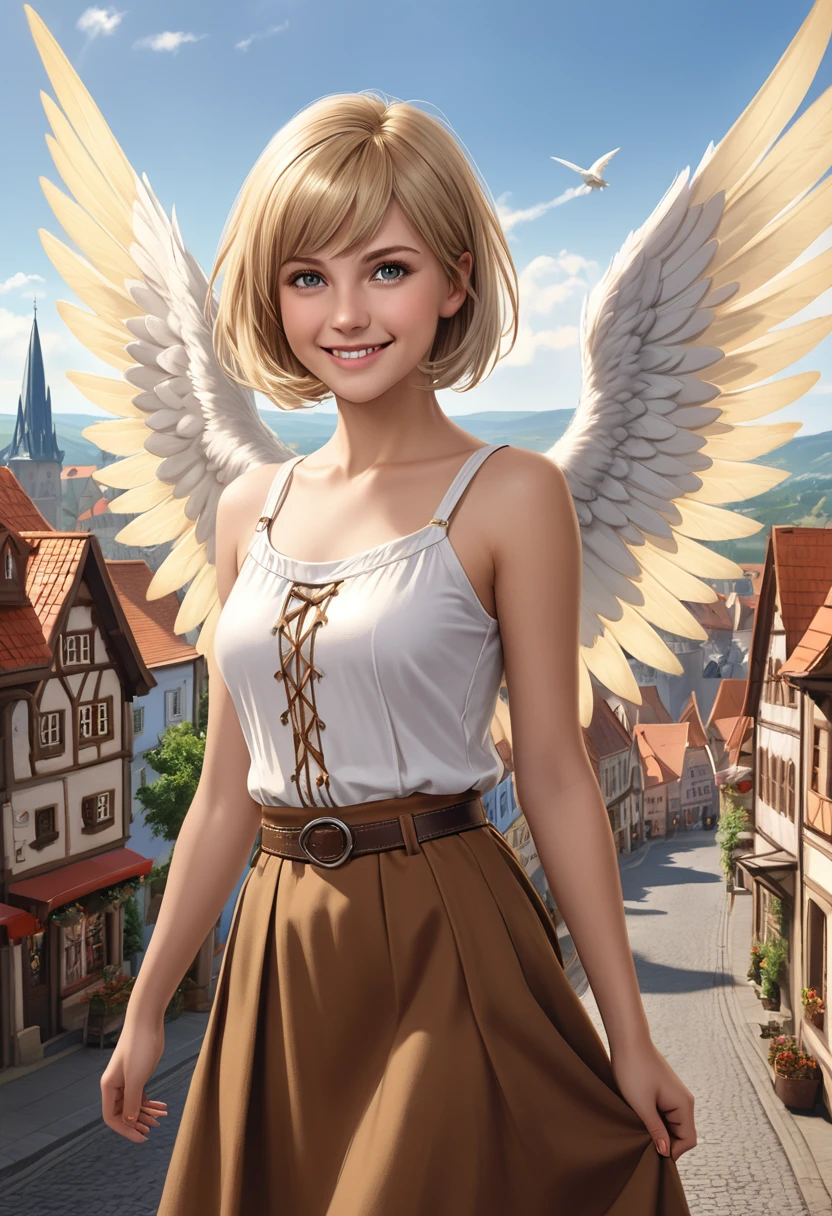 1 girl, european, fantasy, 30 years, she is wearing brown skirt, she has blond bobcut hair, she has grey eyes, she is smiling, town in the background, fantasy, realistic, detailed face, she has one angelic big wing white, flat chest