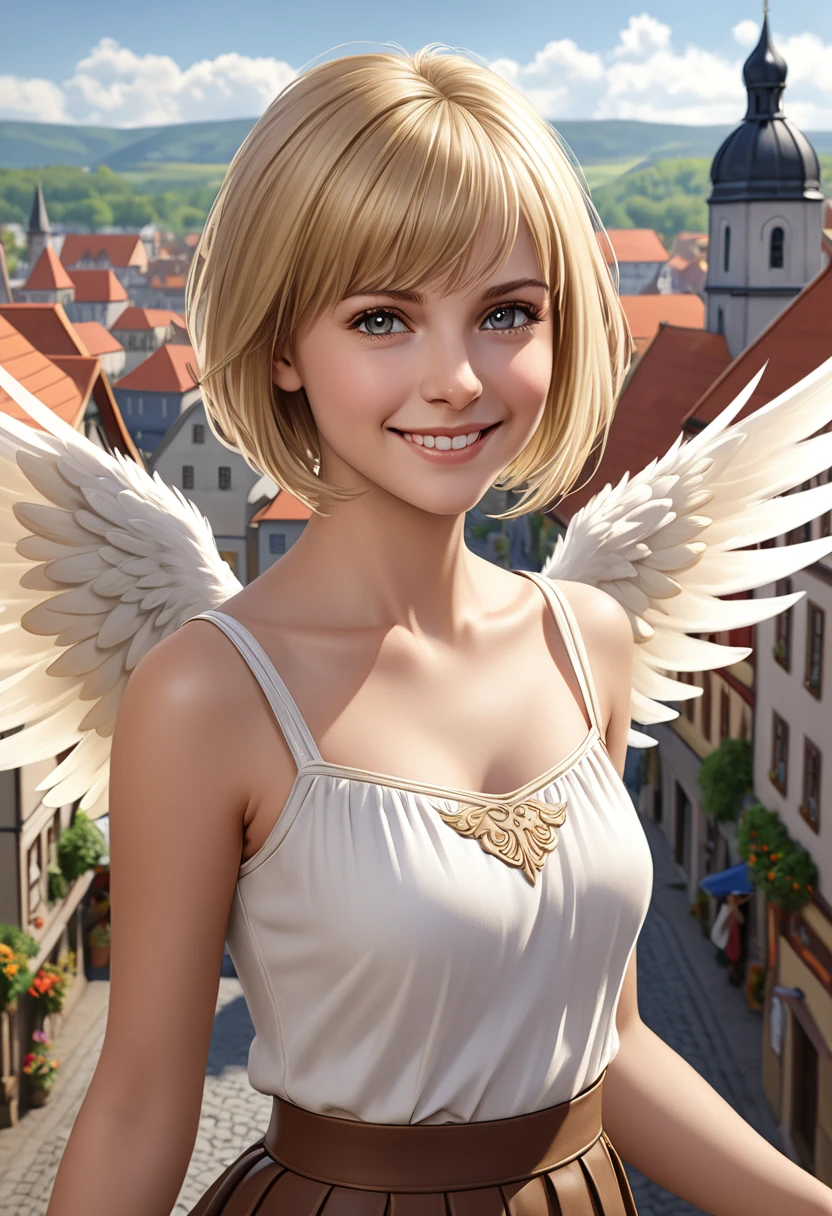 1 girl, european, fantasy, 30 years, she is wearing brown skirt, she has blond bobcut hair, she has grey eyes, she is smiling, town in the background, fantasy, realistic, detailed face, she has one angelic big wing white, flat chest