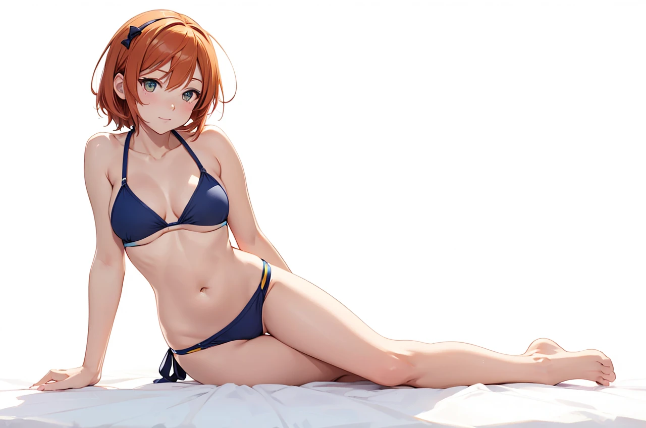 Rin hoshizora 
  in a bikini laying down on her side with her arm for support poseing 
