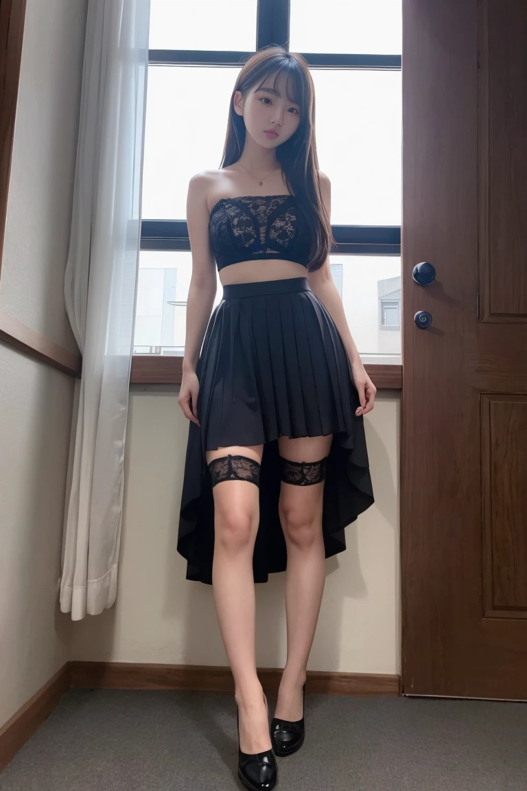 ((highest quality)), ((masterpiece)), (become familiar with), perfect face, , realistic, photo realistic, Highly detailed cute girl, 20-year-old, (skirt lift), ((skirt lift by myself)), black lace panties , panties focus, blush 2.0,half open mouth、 parted lips, looking at the viewer , half body shot , wearing an off-shoulder shirt , , short hair
