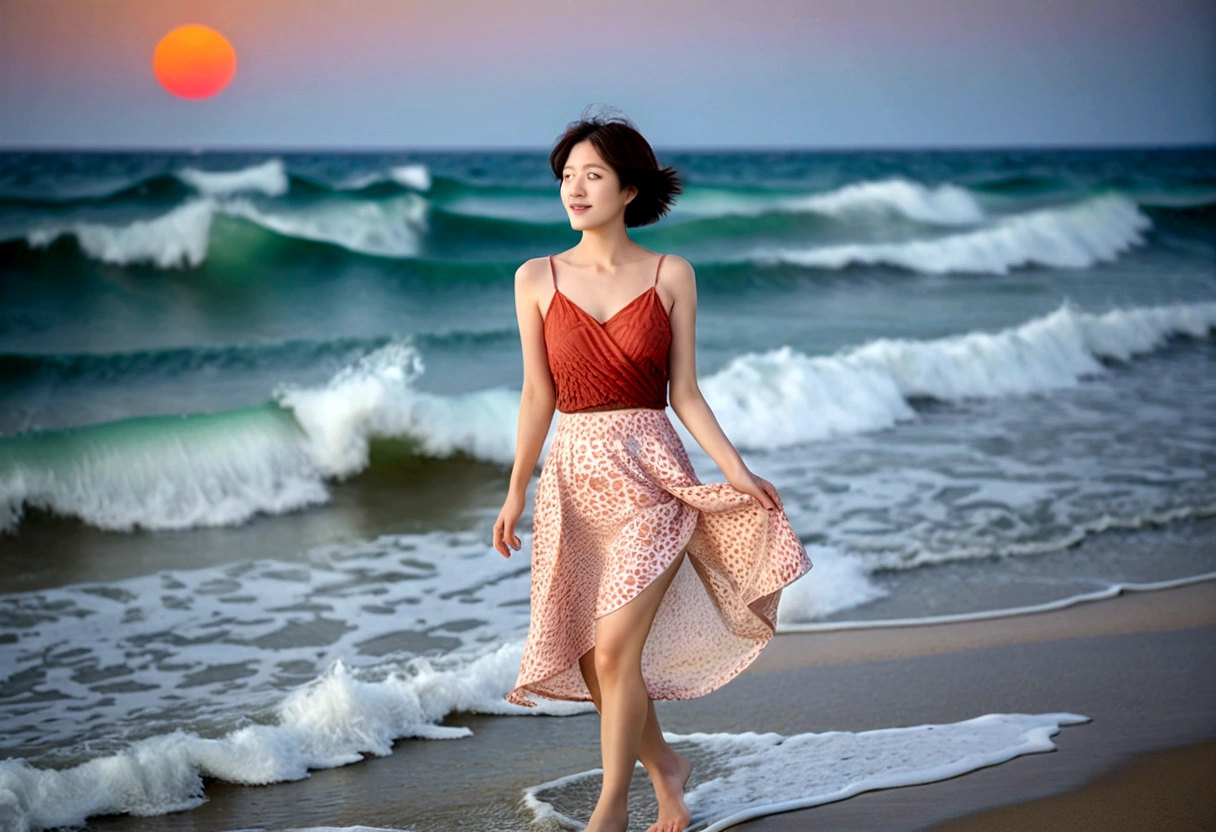 Became., Beautiful 46-year-old short Korean woman, Chest size 34 inches, Wear sleeveless, white light skirt. beautiful pretty woman look , wearing a light skirt , Go far into the sea water and dip your toes., Short medium hair blowing in the wind, 1 short woman, beautiful eyes, a little smile, Full-body photo taken from afar with a wide-angle lens, The background is clean and perfect., waves moved by the wind, best high definition