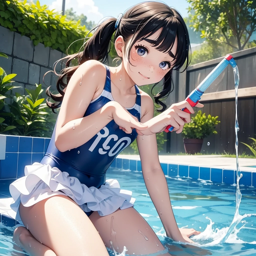 masterpiece,Highest quality,Cute doodles,Hilarious, Honor student, 8-year-old,Low length,Curly Hair, Twin tail hair,Vibrant, inquisitive eyes,freckles,Thick eyebrows,Open Fly,Swim in a simple pool in your garden,Jojo Fashion,Water gun,Wet body,たくさんのsplash,Water Drop,enjoy playing in the water,splash, Sheer one-piece swimsuit for children with white skirt,
