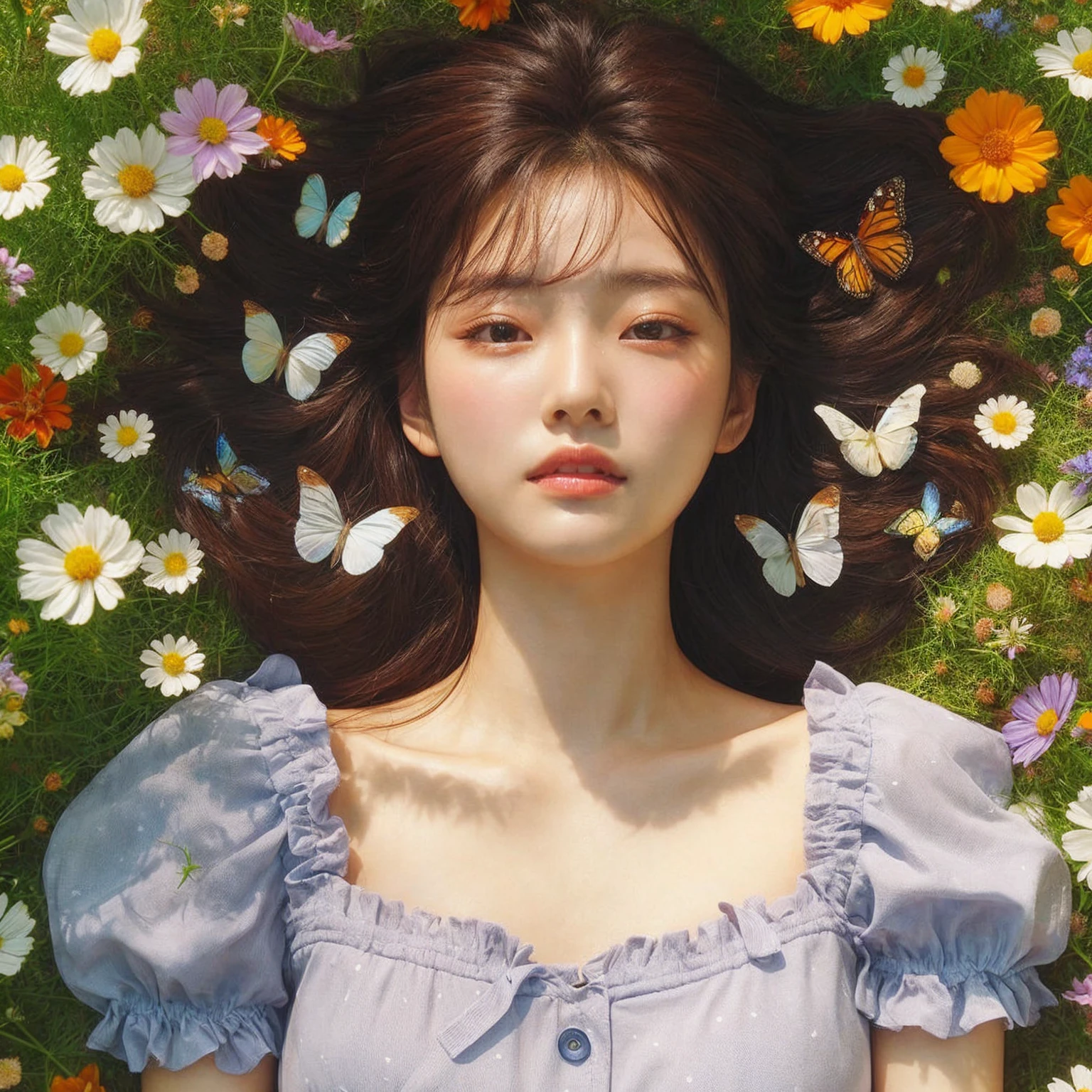 A Korean girl is lying down with her eyes open, gazing at the sky, in the middle of a flower garden. Bright flowers surround her. She is wearing a full-length dress. Her hair is styled messily, and several butterflies are fluttering around her. The atmosphere is cool and bright. The image is very clear, realistic, and in 64k resolution