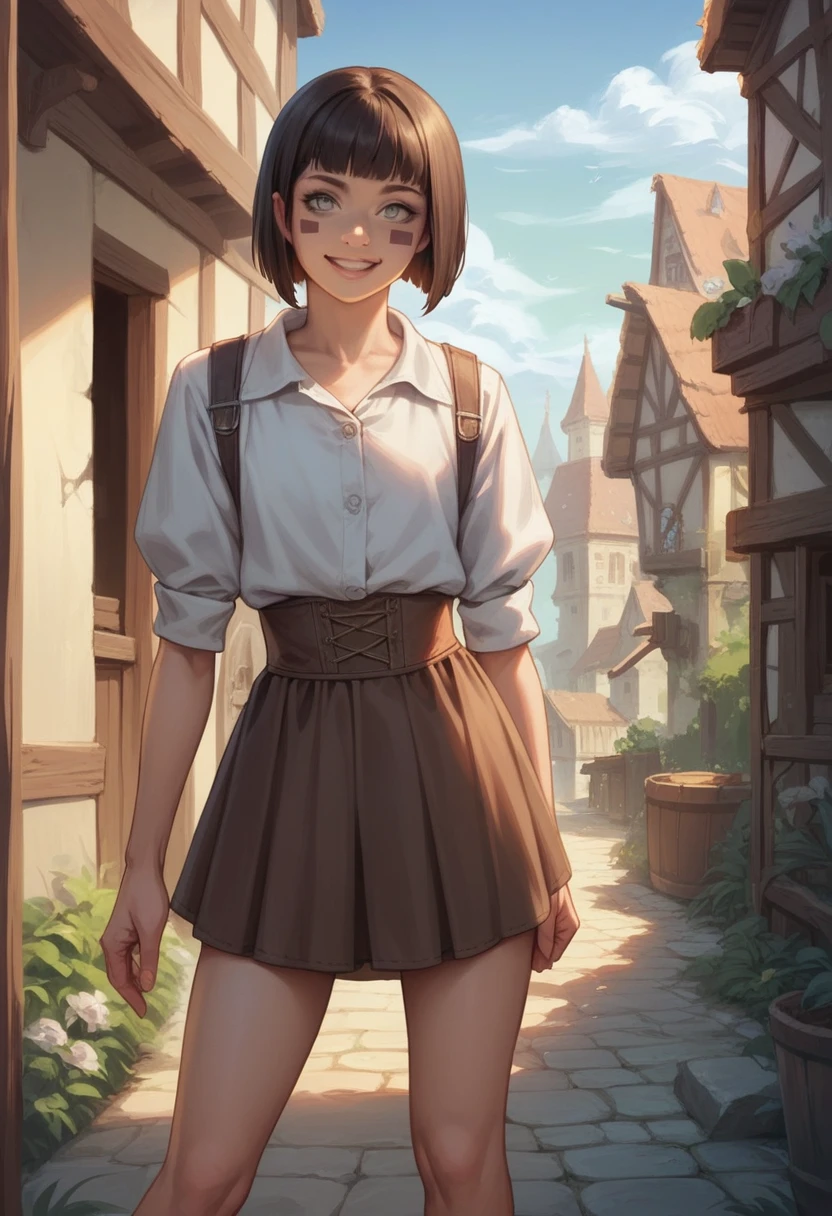 1 girl, european, fantasy, 30 years, she is wearing brown skirt, she has blond bobcut hair, she has grey eyes, she is smiling, town in the background, fantasy, realistic, detailed face, she has one angelic big wing white, flat chest
