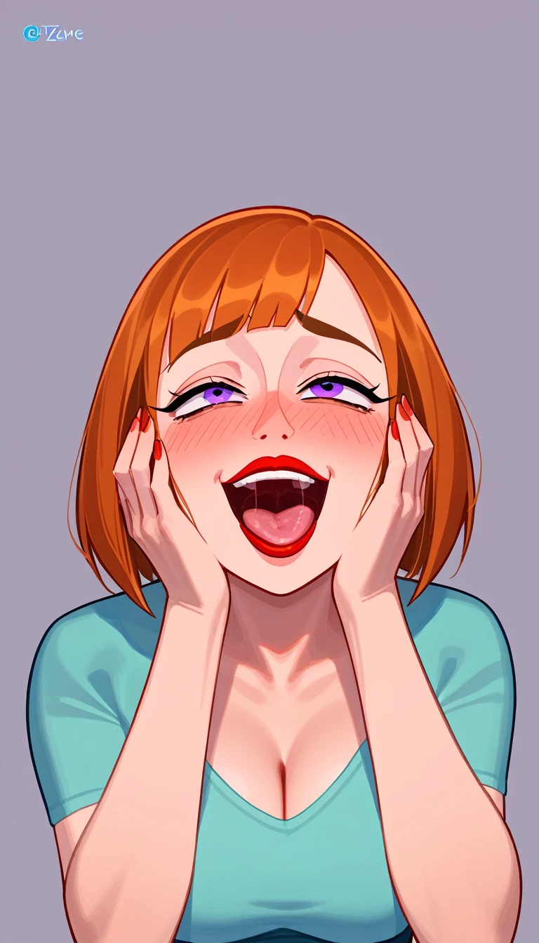 NSFW maddie fenton, official artwork, Best quality, ahegao face closeup, hands on her face, pure ecstacy, yandere face, mature woman, milf, orange hair