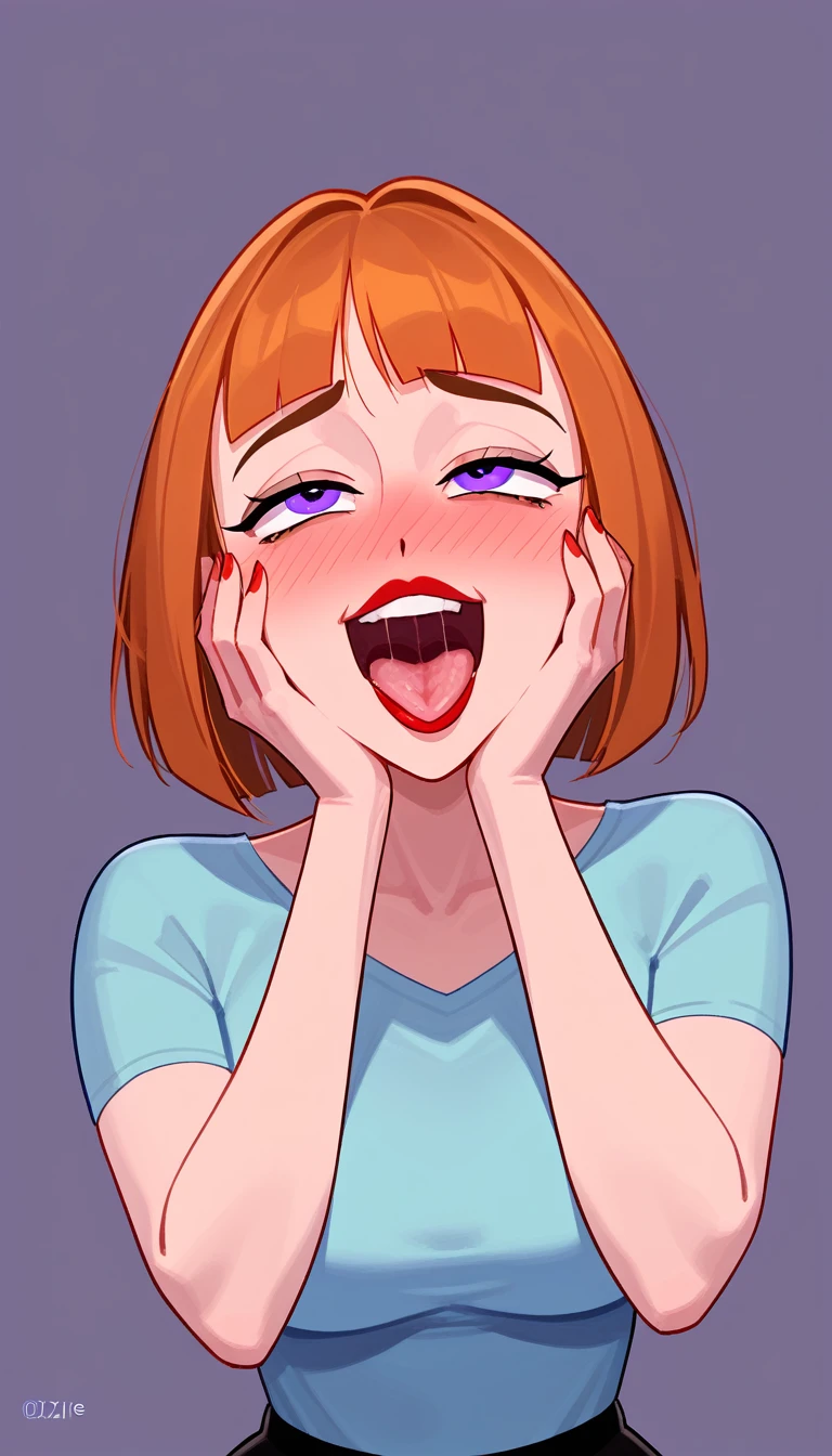 NSFW maddie fenton, official artwork, Best quality, ahegao face closeup, hands on her face, pure ecstacy, yandere face, mature woman, milf, orange hair