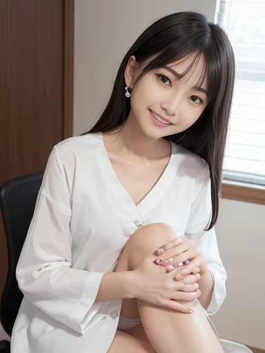 Japanese female, a lot of details, (underweight), 30 years old, detailed black hair, beautiful detailed hair, super fucking beautiful, delicate beautiful face, complex details beautiful and delicate eyes, perfect hands, (flat chest best quality:1.5), perfect and delicate limbs, detailed skin, best quality, ultra-detailed,(cheerful grin:1.5),
hopeful, sitting, legs closed, front view, semi long, (white blouse),(navy blue recruit suit), japanese, in the office, with a chair, light atmosphere, full body shot, from front, ground-level shot, best light