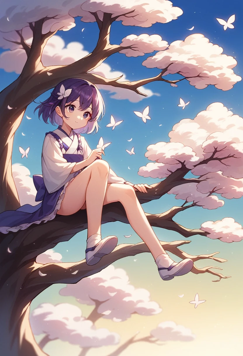 an anime style artwork with a blue sky background, featuring a sakura tree with purple and white blossoms, a small cute white and purple bird is sitting on one of the branches, the sky is adorned with purple and white clouds, and a sunset is visible, there are some cute purple and white butterflies around the tree, the artwork is simple and elegant, featuring a blue sky with a sakura tree, a cute bird, and a sunset, it is a beautiful and serene scene.