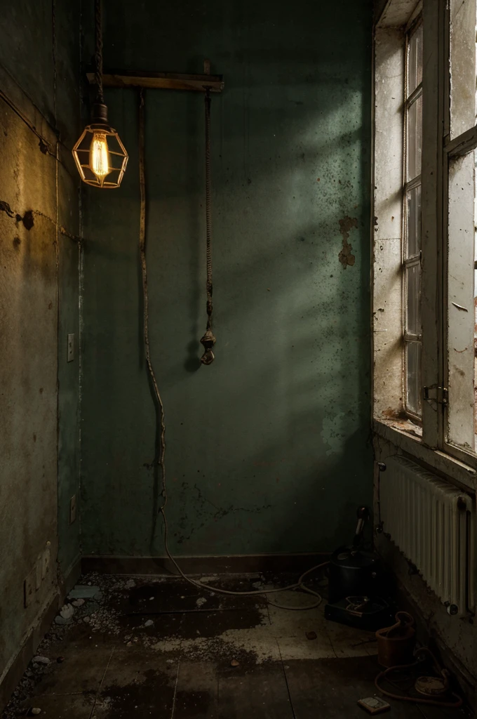 A Corroded room with nothing but a table, There is a Hanging Lightbulb the only source of light, And the room is dark