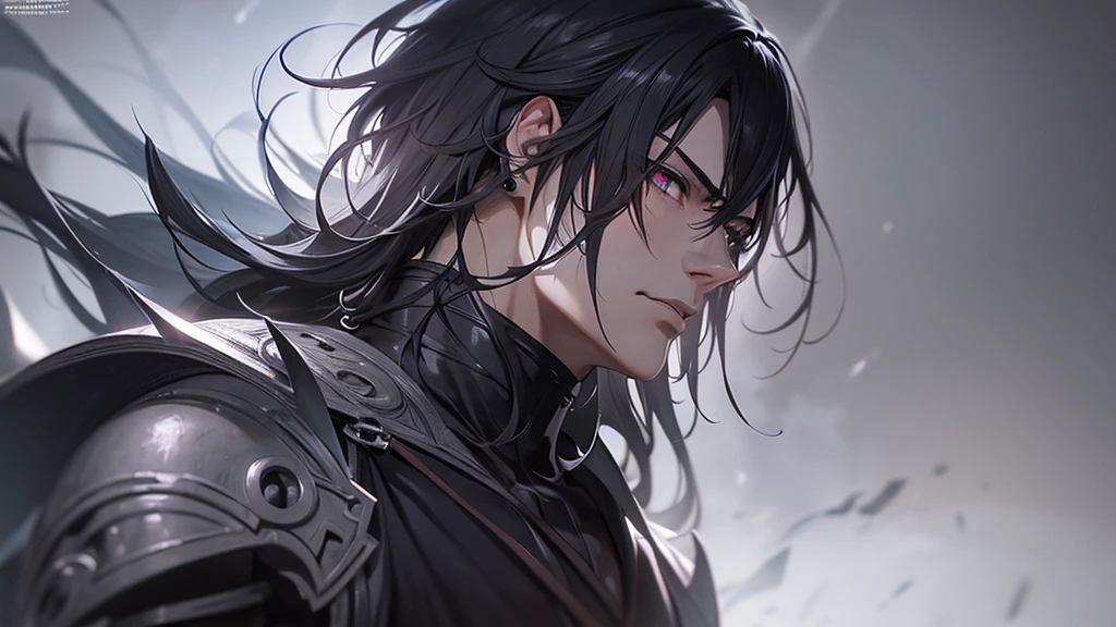 a male anime-style dark warrior, detailed face and expressions, piercing eyes, strong jawline, grey background, atmospheric lighting, dramatic lighting, cinematic composition, highly detailed, digital painting, concept art, vibrant colors, fantasy, dark fantasy