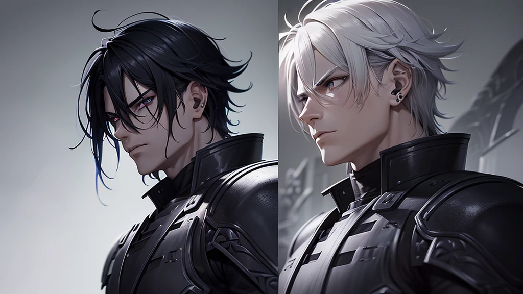 a male anime-style dark warrior, detailed face and expressions, piercing eyes, strong jawline, grey background, atmospheric lighting, dramatic lighting, cinematic composition, highly detailed, digital painting, concept art, vibrant colors, fantasy, dark fantasy