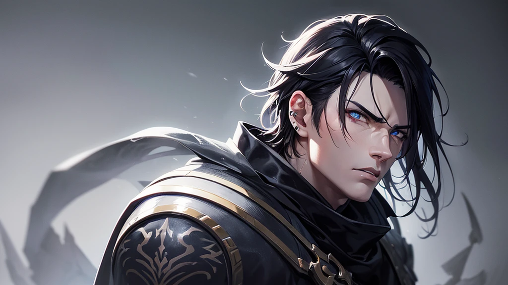 a male anime-style dark warrior, detailed face and expressions, piercing eyes, strong jawline, grey background, atmospheric lighting, dramatic lighting, cinematic composition, highly detailed, digital painting, concept art, vibrant colors, fantasy, dark fantasy