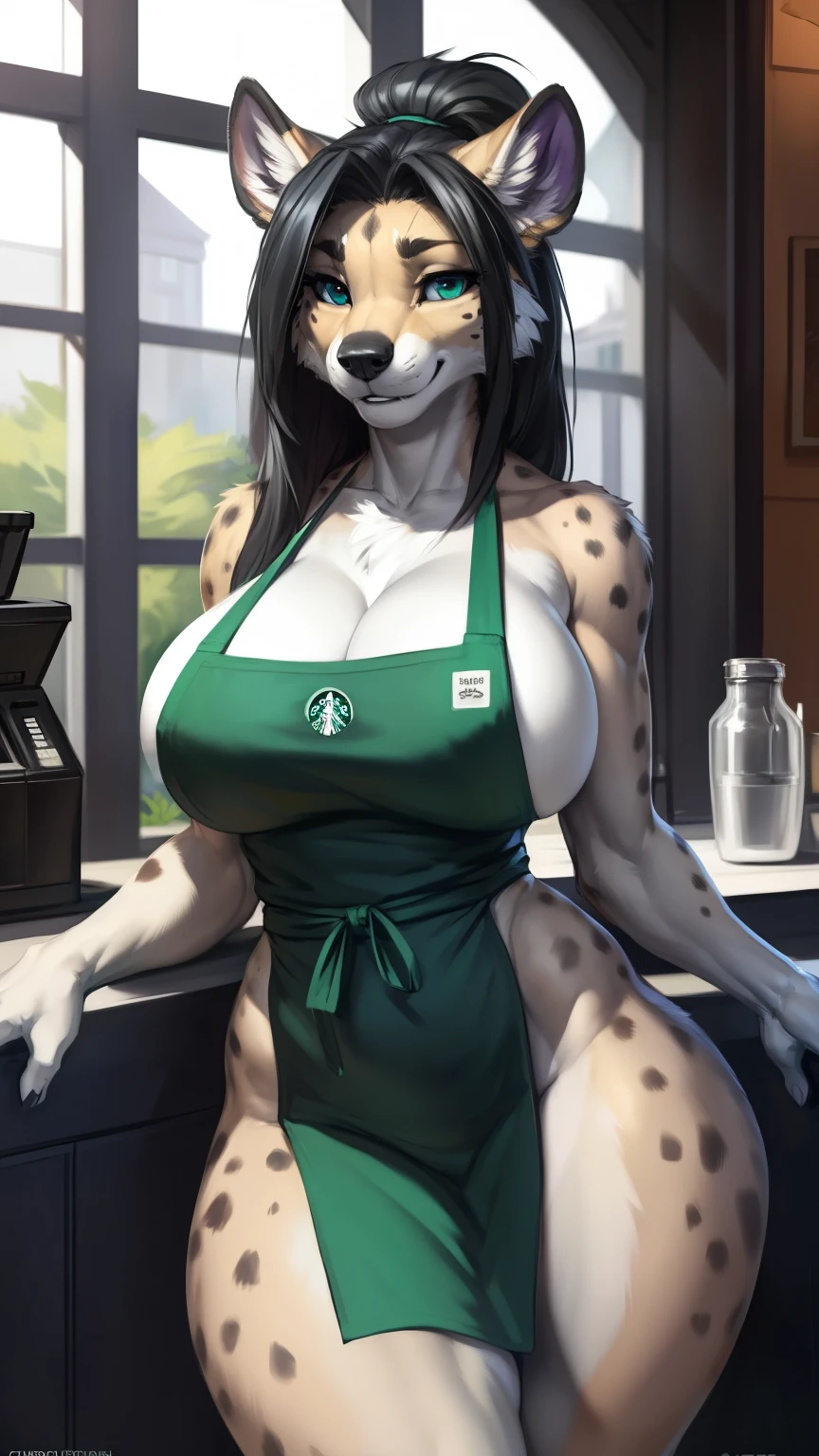 (anthro)) hyena, Ross Tran, by ruan jia, by zaush, by foxovh, by cutesexyrobutts, by cervina_7, by sligarthetiger Best Quality, masterpiece,, Illustration, Wallpaper,1girl in, Solo, Bright black hair wiht purple strips, puffy luscious hair, Beautiful detailed girl, extremely detailed eye and face, Beautiful detailed eyes, Shy, natural_Lighting, Glow,NSFW, Looking at Viewer, Straight hair, Ponytail, Thick_thighs, big ass, tall, hourglass figure, female, cute, Starbuck, casher, barista, Starbucks apron, large breasts, natural breasts, tail, tall, happy expresion, wide hips thin waist, 8k