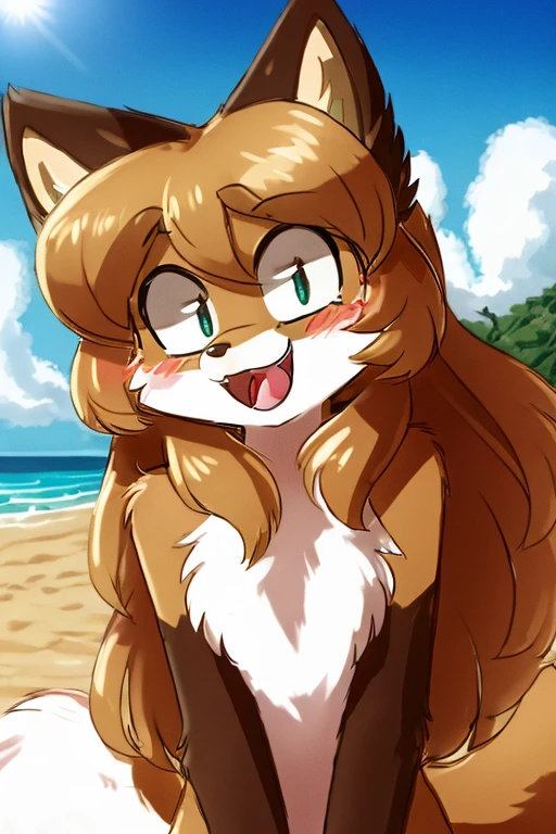 best quality,best resolution,(fluffy anthro furry :1.6),(young :1.6),fox girl,small breasts,red long hair,wavy hair,red bikini,beach,looking at viewer,naughty face,naughty smile,open mouth,full face blush,armpits fur