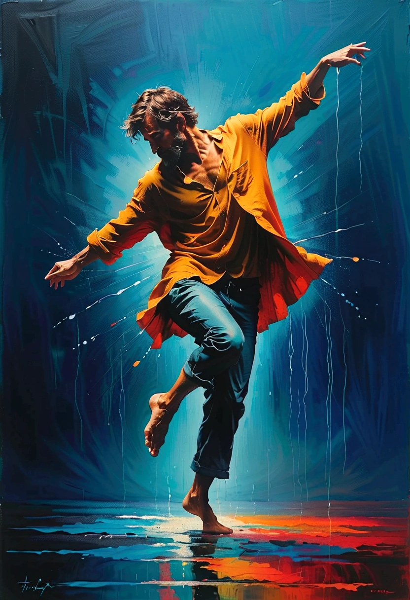 Soul Dancer Mark,A homeless man dancing alone in the rain,soul,Barefoot,Loose and worn clothes,Professional ballet movements,1 butterfly,Very contagious,Splash,Light and Shadow,Minimalism,artistic conception,Clean background