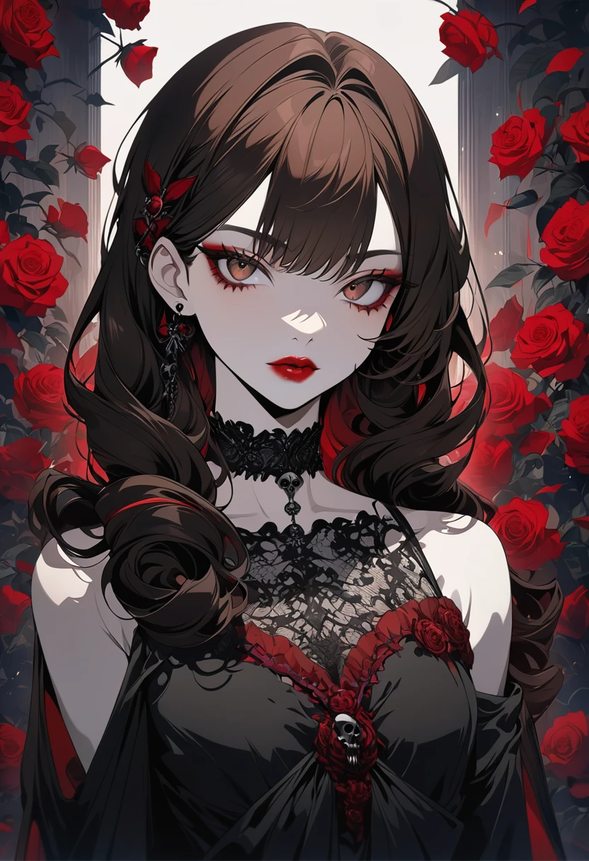 Portrait Of An Anime Character, Goth Anime Girl, Red Lips, Dark Brown Long Curly Hair, Brown Eyes, Roses In The Background, Choker, Shoulderless Black Dress,Elegant, Front View, Gothic, Anime Art, Dark Light With Red Highlights, Junji Ito Art, Skull, (Newest Anime Art Style), Masterpiece
