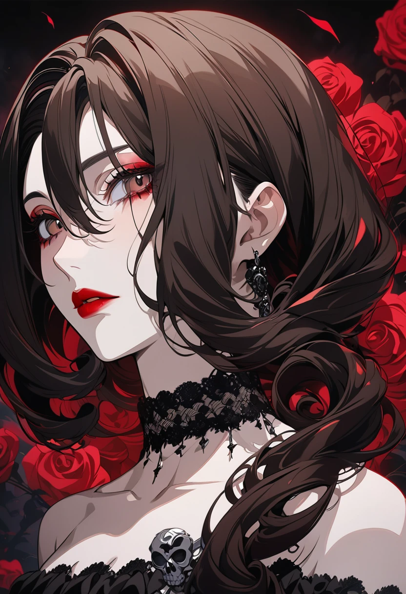 Portrait Of An Anime Character, Goth Anime Girl, Red Lips, Dark Brown Long Curly Hair, Brown Eyes, Roses In The Background, Choker, Shoulderless Black Dress,Elegant, Front View, Gothic, Anime Art, Dark Light With Red Highlights, Junji Ito Art, Skull, (Newest Anime Art Style), Masterpiece