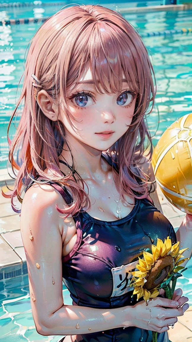 (Masterpiece, BestQuality:1.3), (ultra detailed:1.2), (hyperrealistic:1.3), (RAW photo:1.2), High detail RAW color photo, professional photograph, (Photorealistic:1.4), (realistic:1.4), professional lighting, perfect anatomy, (Big Breasts:1.2), (blush, detailed face), (cheerful Smile:1.5), (Pink Hair:1.5), Trending Hair&Trending Hairカラーをランダムに, earrings, necklace, bracelet, sexly, erotic sexly, Random sexy gravure poses, (A beautiful woman wearing a light blue one-piece swimsuit、Smiling and holding a beach ball at the beach。A simple pearl bracelet that shines on your wrist。: 1.3)