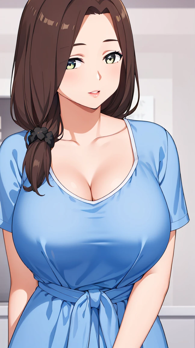 One girl, masterpiece, Highest quality, Very detailed, (figure), Brown Hair, Long Hair, Low Ponytail, Braiding, Parted bangs, View your viewers, Glossy Lips, Lips parted, Perfect lighting,, Cleavage, T-shirt maxi dress、Small waist、The whole body is visible、Huge breasts