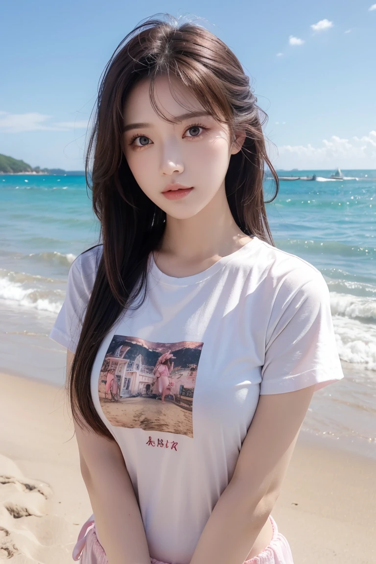 masterpiece, high resolution, best quality, Very detailed, Pink Eyes, Beautiful woman, White quick-drying short-sleeve,beach,Long hair