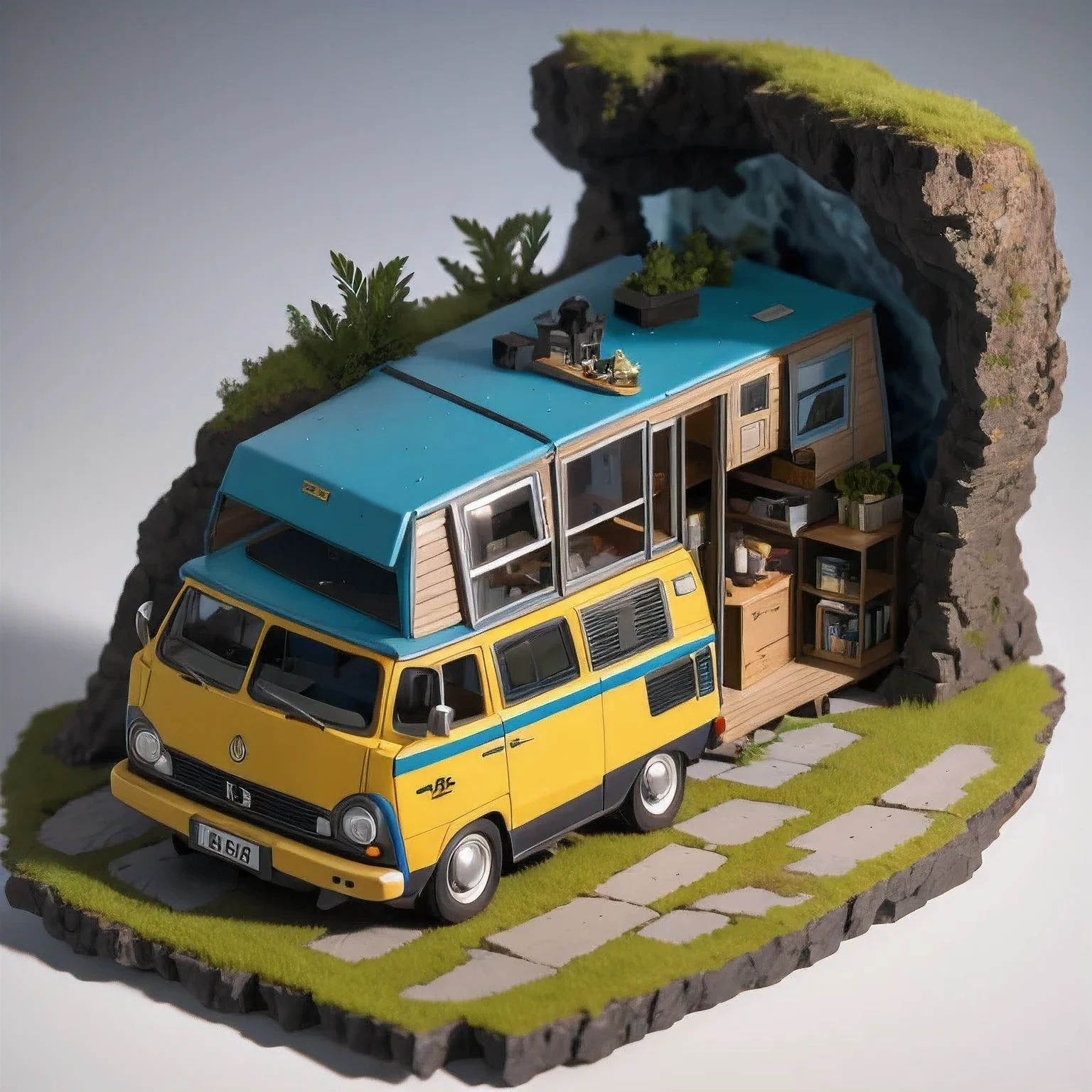 there is a small model of a camper van in a cave, stylized 3d render, 3d illustration, 3 d illustration, highly detailed diorama, 3 d low poly render, 3d low poly render, low poly 3 d, highly detailed sculpey diorama, lowpoly, low poly render, diorama model, low poly 3 d render, diorama