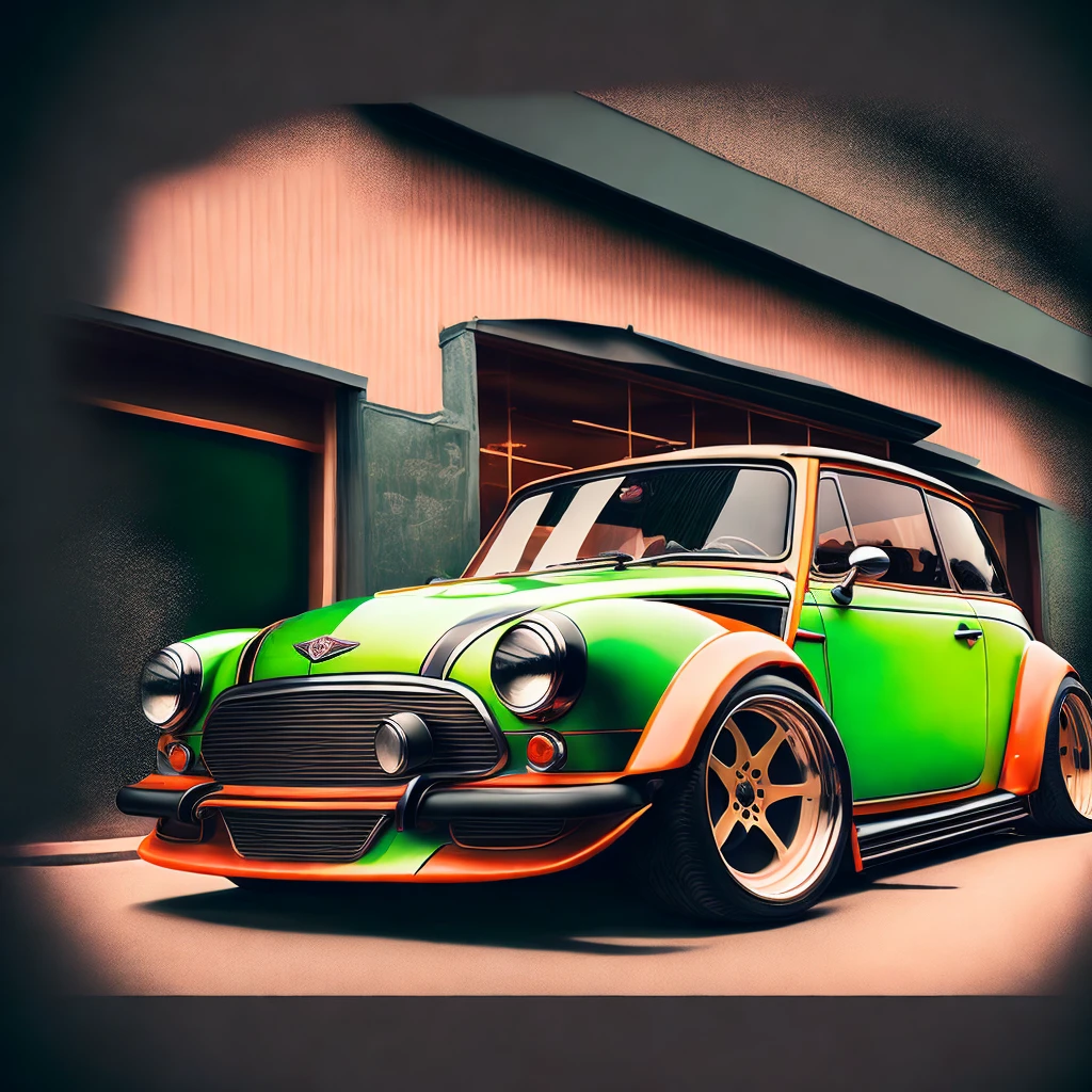 Art for t-shirt graphic design, Bright green F56 Mini Cooper S in tunnel design, shocking colorful painting, highly detailded, swirly vibrant colors , 8K, Spitz, proffesional, clearing, hight contrast, high saturation, , deep, vivid blacks, crystal clearing ((carbon fiber, Kit de corpo ultra largo Liberty walk)), Aggressive pose ((fund: Speedway, outside old industrial style building, large windows in fund, cloudy sky, heavy industrial look, cobble stone Street)), Qualidade 8K, realisitic, 真实感, Spitz, detailded, ultralargo, black and carbon fiber and deep candy green colour scheme, frontal profile, epic stance, Epic Ultra Long Body Kit, super low posture, aggressive looks , Street, fund vintage pastel tone, highly detailded clean, vector image, realisitic masterpiece, proffesional photography, realisitic car, car sunrise fund, flat black fund, isometric, vibrant vector